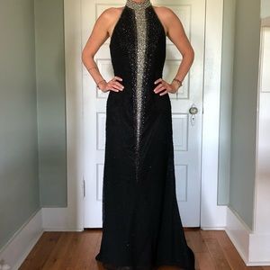 Je Matadi Black Silk Halter Evening Gown with Exquisite Silver Beading